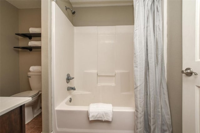 full bath featuring toilet, tile patterned flooring, shower / bath combination with curtain, and vanity