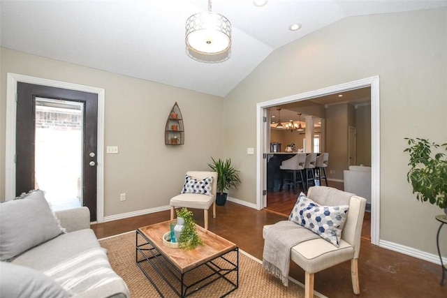 living room with baseboards and vaulted ceiling