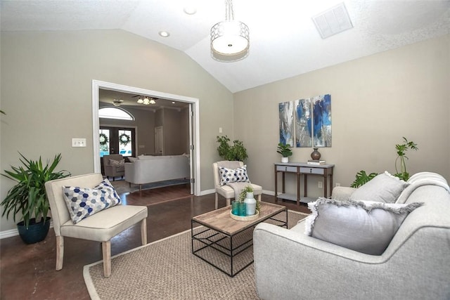 living room with lofted ceiling, french doors, visible vents, and baseboards