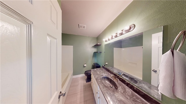 bathroom with visible vents, baseboards, toilet, tile patterned flooring, and vanity