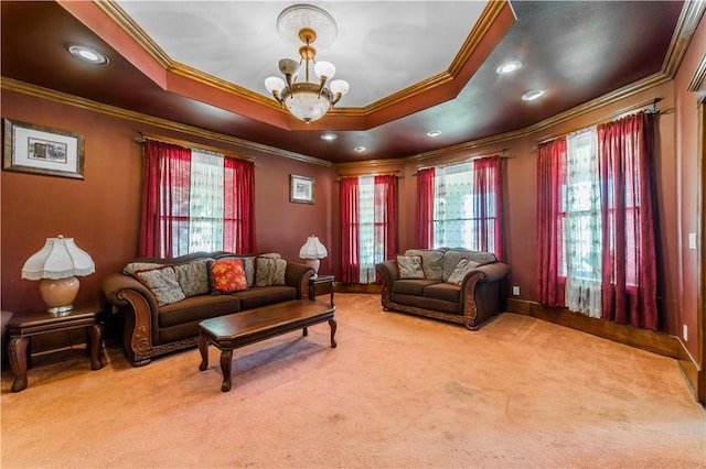 sitting room featuring recessed lighting, a raised ceiling, carpet flooring, and an inviting chandelier