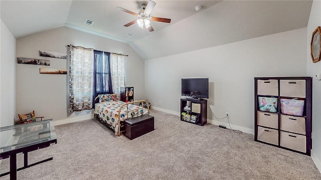 carpeted bedroom with visible vents, vaulted ceiling, baseboards, and ceiling fan