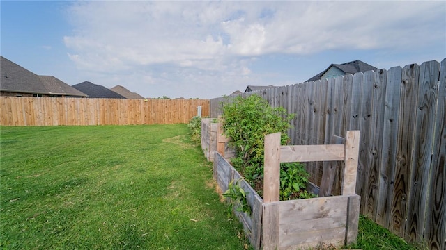 view of yard featuring a fenced backyard and a vegetable garden