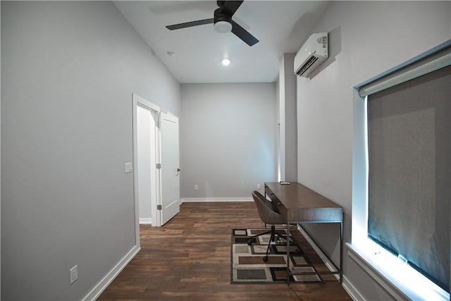 hall with a wall unit AC, wood finished floors, and baseboards