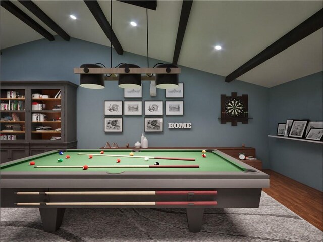 game room featuring lofted ceiling with beams, billiards, wood finished floors, and recessed lighting