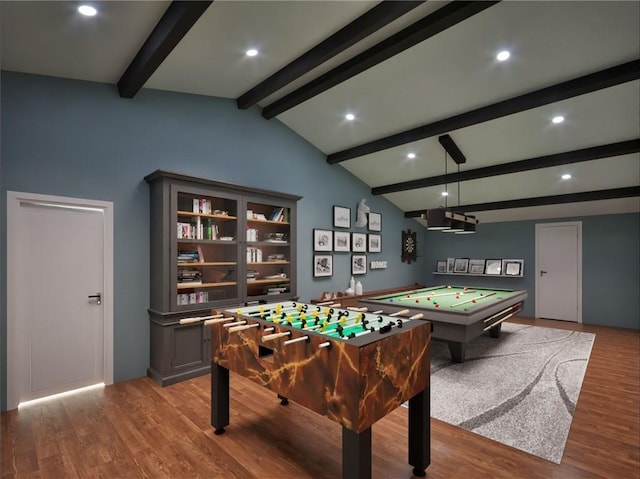 rec room with recessed lighting, vaulted ceiling with beams, and wood finished floors