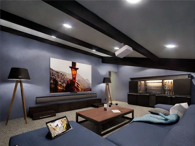 home theater featuring beam ceiling and carpet flooring