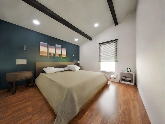 bedroom featuring vaulted ceiling with beams, wood finished floors, and recessed lighting