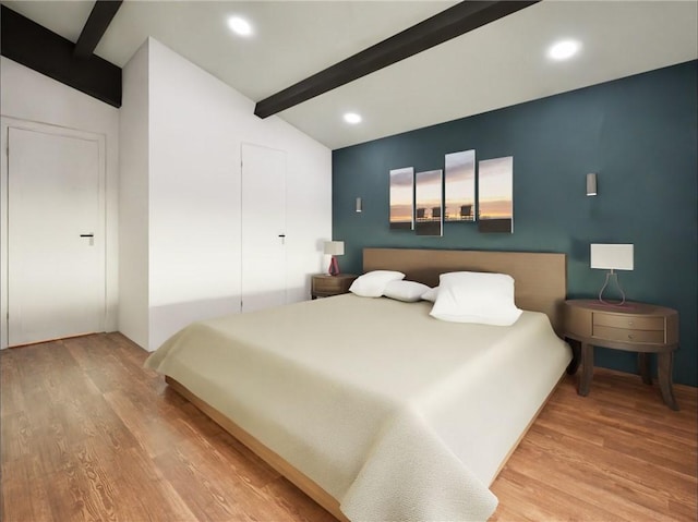 bedroom featuring lofted ceiling with beams, light wood finished floors, and recessed lighting