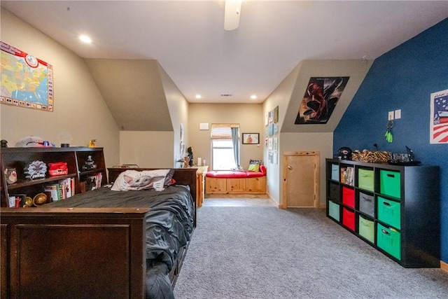 carpeted bedroom featuring recessed lighting