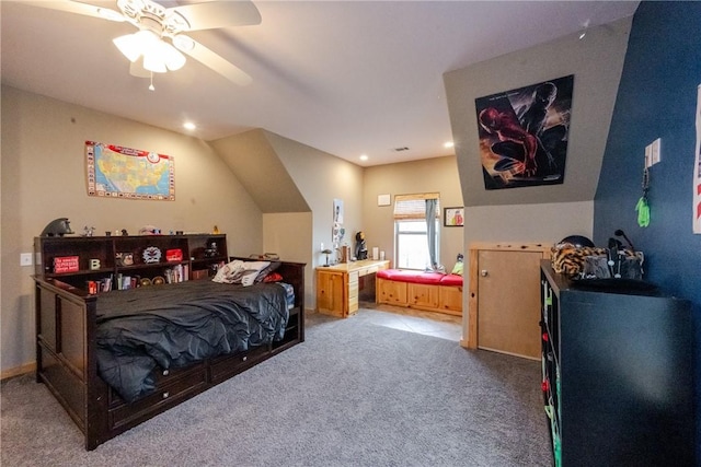 bedroom with ceiling fan, carpet floors, and baseboards