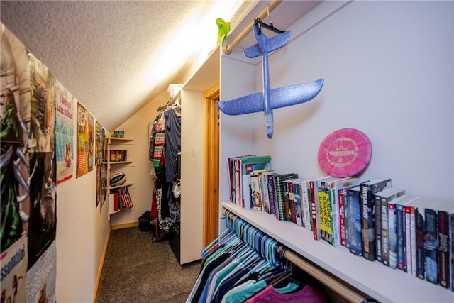 walk in closet with carpet and lofted ceiling