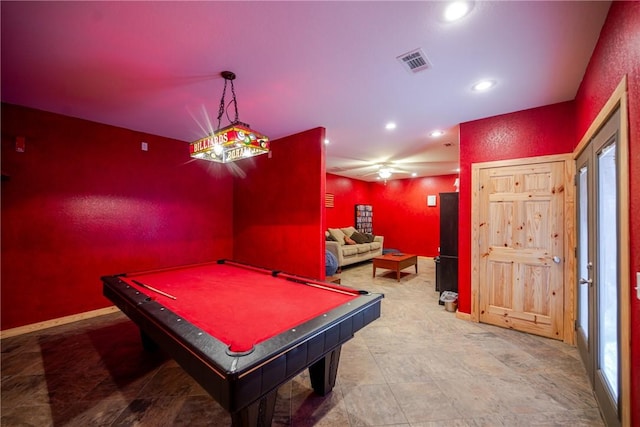 playroom with recessed lighting, visible vents, billiards, and baseboards