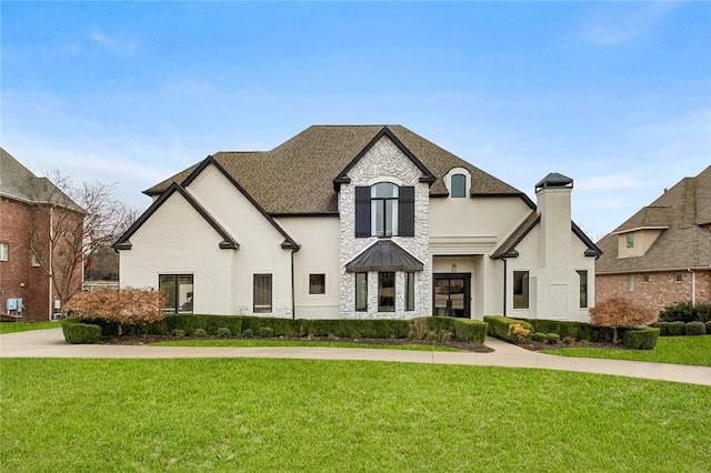 french country style house with stone siding, roof with shingles, and a front yard