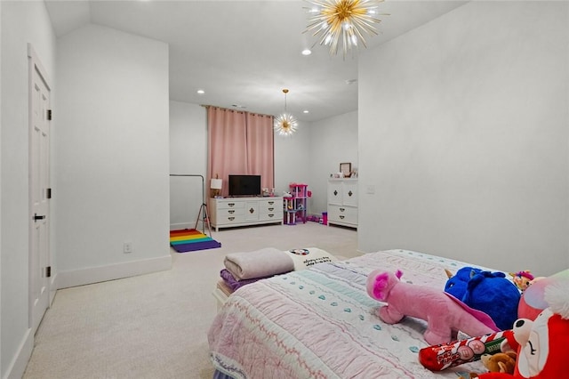 carpeted bedroom featuring a chandelier, recessed lighting, and baseboards