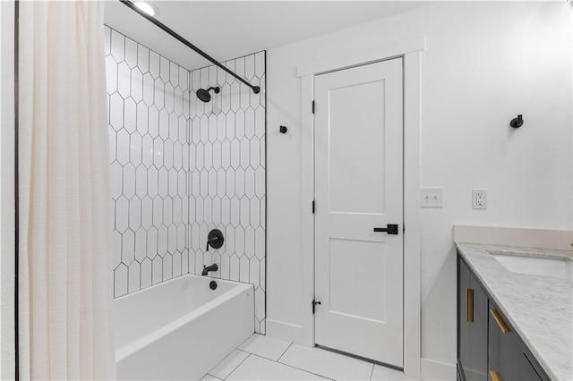 bathroom with tile patterned flooring, shower / bath combination with curtain, and vanity