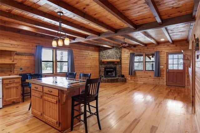 kitchen with light wood finished floors, wooden walls, wooden ceiling, beamed ceiling, and a stone fireplace