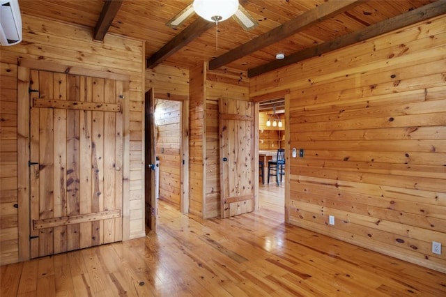 spare room featuring ceiling fan, wooden ceiling, wood walls, beam ceiling, and wood-type flooring