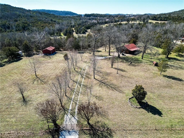 birds eye view of property with a rural view and a wooded view