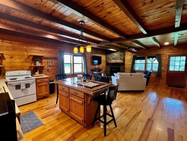 kitchen featuring light wood-type flooring, a wealth of natural light, a fireplace, and white electric range oven