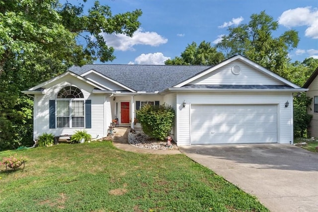 ranch-style house with driveway, a garage, and a front yard