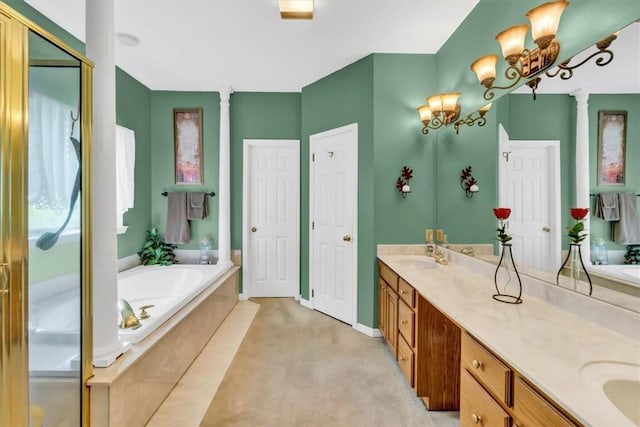 full bathroom with a bath, double vanity, a shower stall, and decorative columns