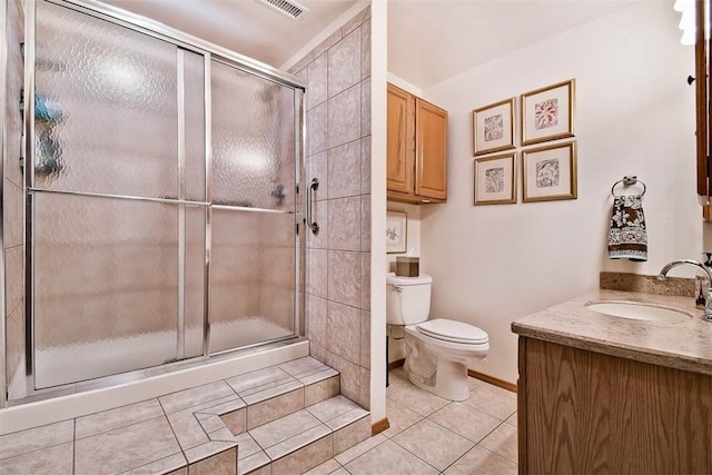 full bathroom with vanity, a shower stall, toilet, and tile patterned floors