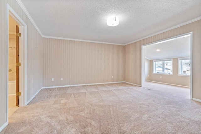 spare room featuring carpet floors, crown molding, a textured ceiling, and baseboards