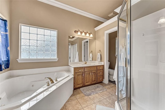 full bath featuring ornamental molding, a stall shower, vanity, tile patterned flooring, and a tub with jets