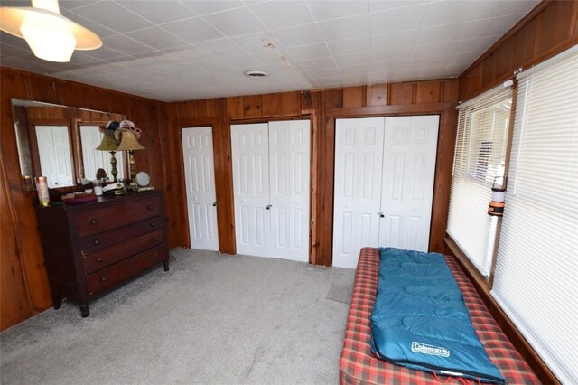 bedroom with multiple closets, carpet, visible vents, and wood walls