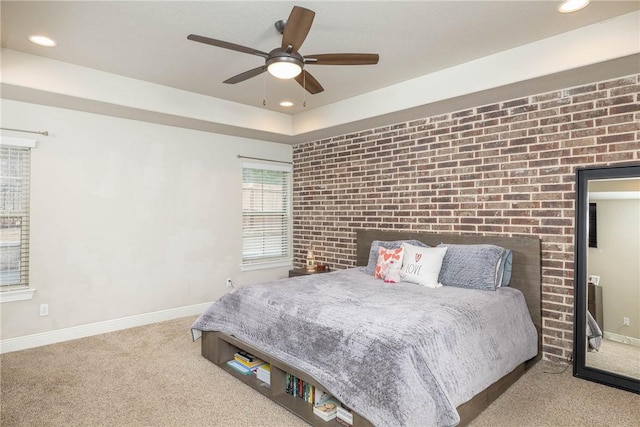 bedroom featuring carpet floors, baseboards, a ceiling fan, and recessed lighting