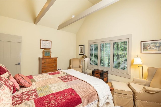 bedroom with high vaulted ceiling and beamed ceiling