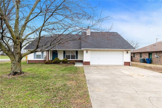 ranch-style home featuring central AC unit, an attached garage, driveway, roof with shingles, and a front yard