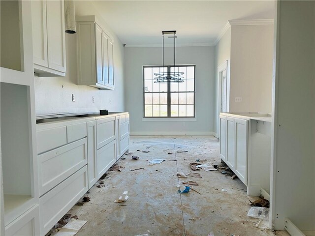 2550 Peterson Rd, Gentry, AR 72734 - kitchen featuring crown molding, white cabinets, a notable chandelier, and baseboards