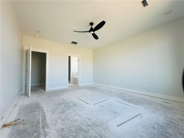 2550 Peterson Rd, Gentry, AR 72734 - unfurnished bedroom with visible vents, ceiling fan, connected bathroom, and baseboards