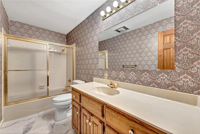 full bathroom with toilet, wallpapered walls, visible vents, and vanity