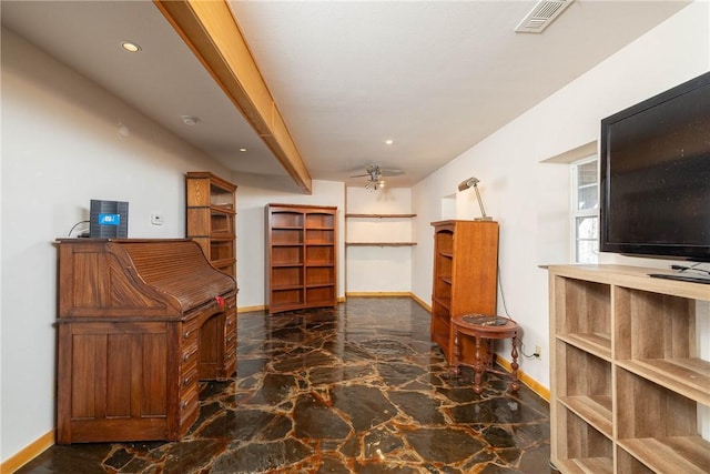 33 Rountree Dr, Bella Vista, AR 72715 - home office featuring baseboards, marble tiled flooring, recessed lighting, and a ceiling fan