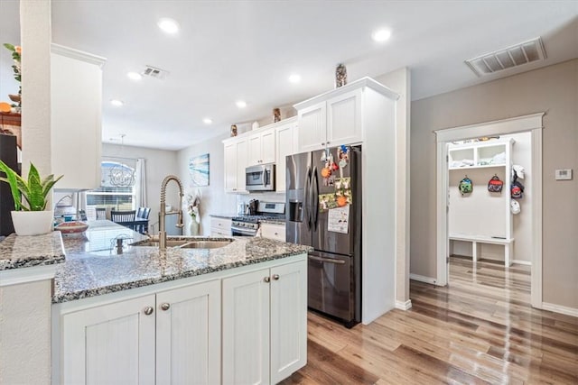 kitchen with white cabinetry, visible vents, stainless steel appliances, and a sink