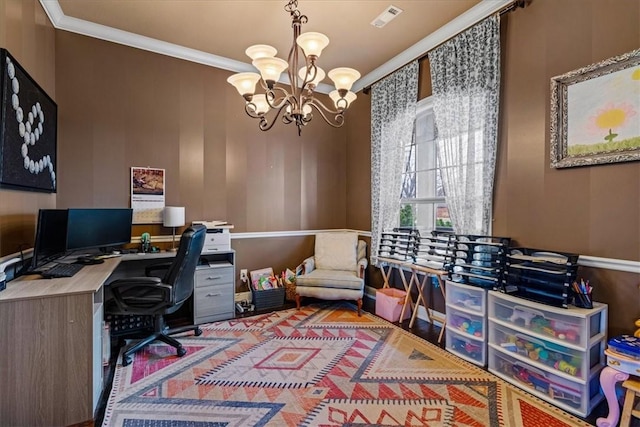 office space with visible vents, ornamental molding, and a chandelier