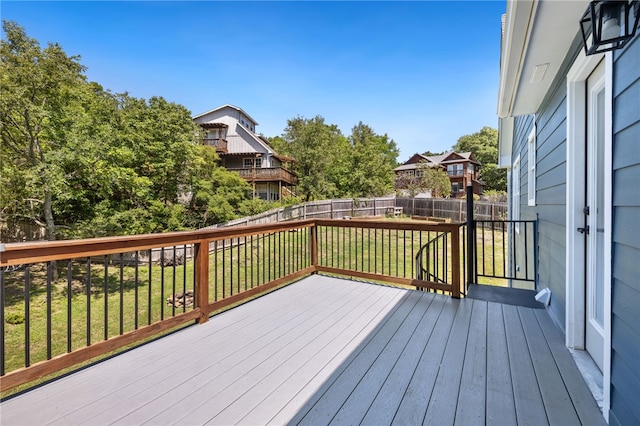 wooden deck with a fenced backyard and a yard