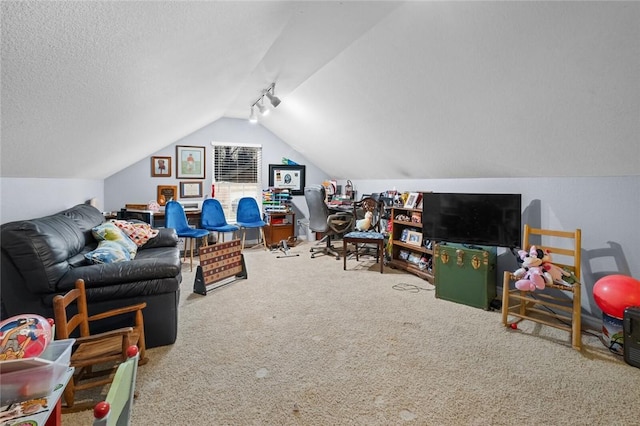 playroom featuring lofted ceiling, carpet flooring, a textured ceiling, and track lighting