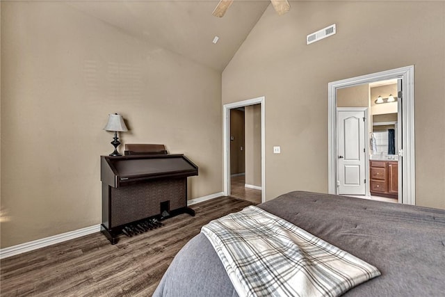 bedroom featuring visible vents, wood finished floors, baseboards, high vaulted ceiling, and a ceiling fan