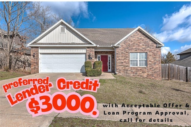 164 S Pinyon Pt, Fayetteville, AR 72701 - view of front of house with brick siding, an attached garage, concrete driveway, and board and batten siding