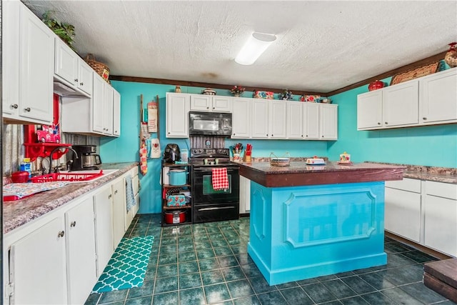 kitchen featuring a kitchen island, a sink, black appliances, white cabinets, and a textured ceiling