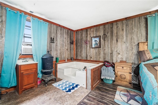 bathroom with wooden walls, a bath, and cooling unit