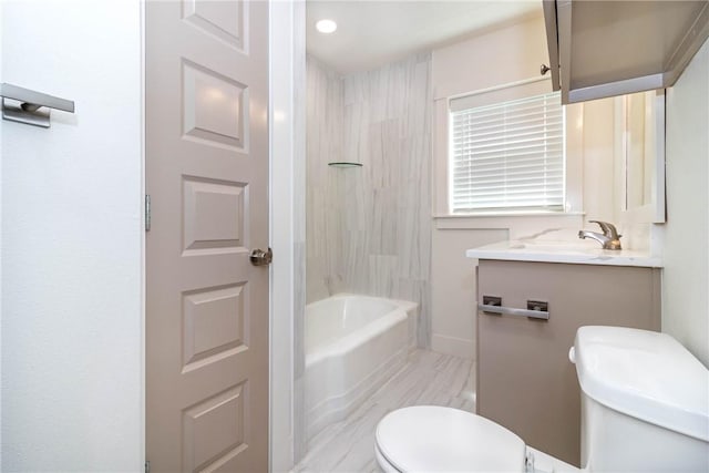 full bath with recessed lighting, shower / bath combination, vanity, and toilet