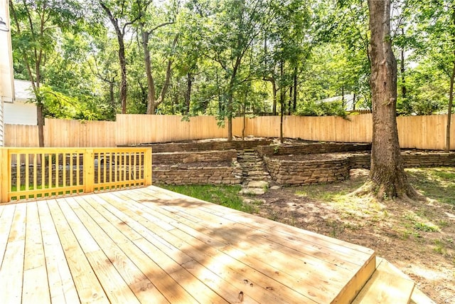 wooden deck with a fenced backyard