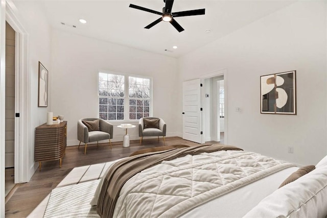 bedroom with a ceiling fan, recessed lighting, baseboards, and wood finished floors