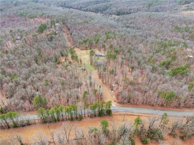 bird's eye view with a wooded view