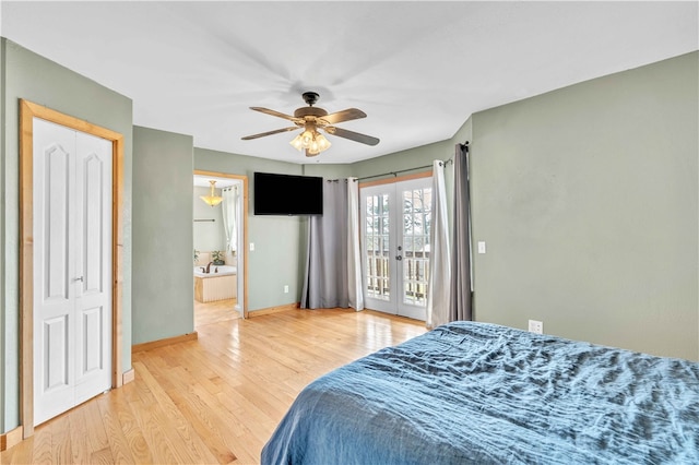 bedroom with light wood finished floors, baseboards, ceiling fan, access to exterior, and french doors